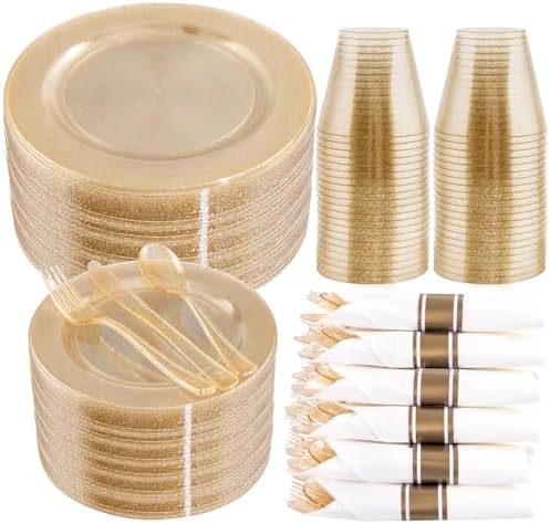 WELLIFE 210Pcs Gold Glitter Dinnerware Set for 30 Guests