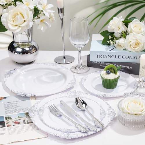 Nervure 175PCS Silver Plastic Plates for 25 Guests
