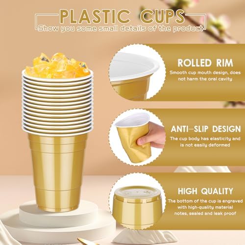 Dualshine 100 Pack 16 Oz Gold Plastic Cups for Parties