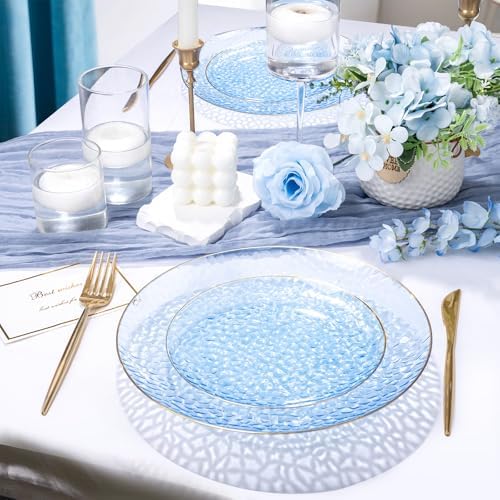 Rubtlamp 100 Pcs Blue Gold Plastic Plates - 10 Inch