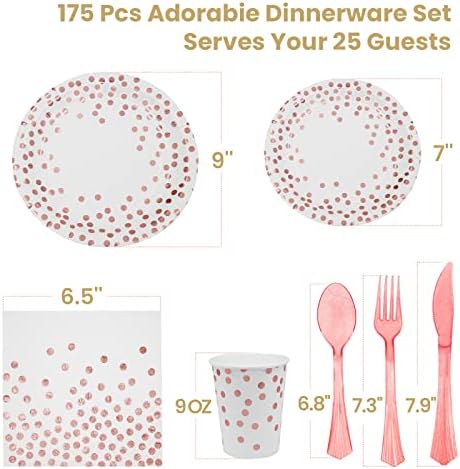 AIRE 175Pcs White Rose Gold Paper Plates Dinnerware Set for 25 Guests