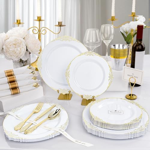 350 PCS White Gold Plastic Plates for 50 Guests