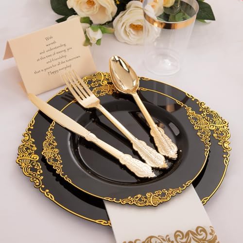 Hioasis 350pcs Black and Gold Plastic Plates Set for 50 Guests