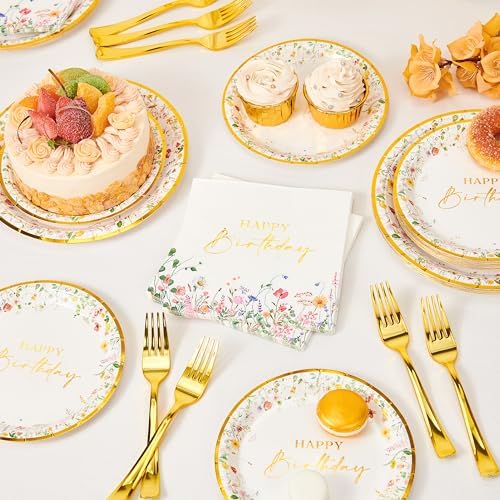 Crisky Gold Foil Birthday Plates and Napkins Set of 24