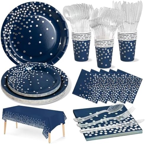 141-piece Navy Blue and Silver Party Supplies Set for 20 Guests