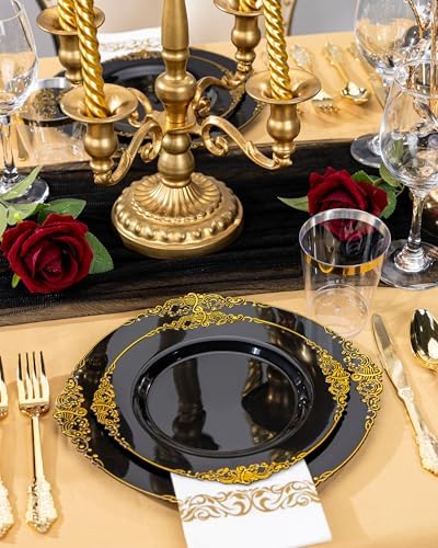 Nervure 350PCS Black Plastic Plates Set for 50 Guests