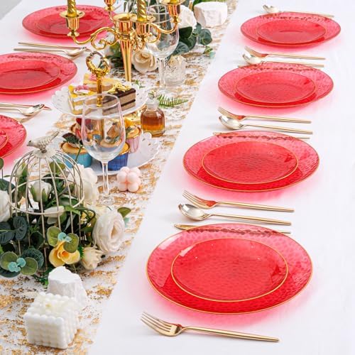 Rubtlamp 60 Pcs Red Plastic Plates with Gold Rim