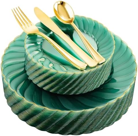 YOUBET 125PCS Clear Green Plastic Plates with Gold Rim