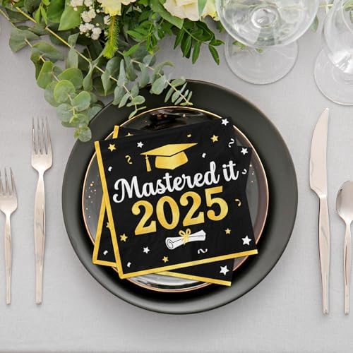 Mastered It Graduation Napkins 2025 50pcs Black Gold Decorations