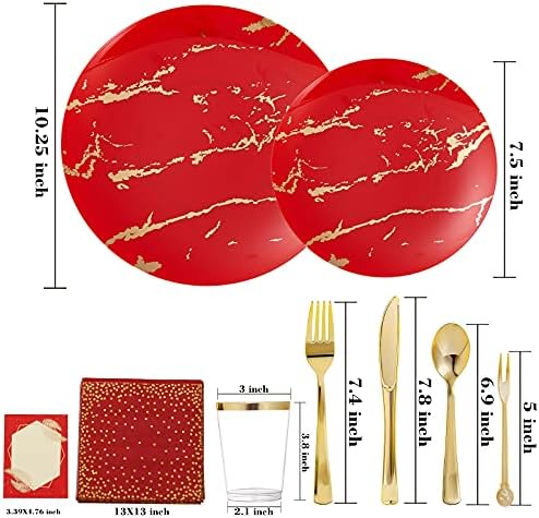 N9R 225PCS Red Gold Plastic Dinnerware Set