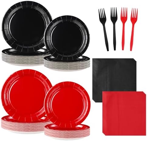 96 Pcs Red and Black Party Plates and Napkins Set