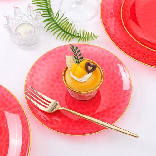 Rubtlamp 60 Pcs Red Plastic Plates with Gold Rim