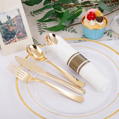 DaYammi 350PCS Clear Gold Disposable Dinnerware Set for 50 Guests