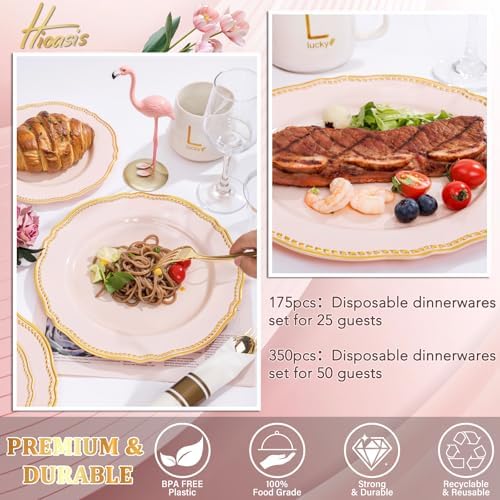 Hioasis 350pcs Pink Gold Plastic Plates Set