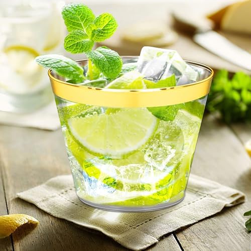 Zcaukya 100pcs 9oz Gold Rim Plastic Cups