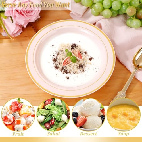 Nervure 50 Pack Pink Plastic Bowls with Gold Rim
