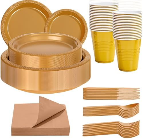 WELLIFE 210Pcs Gold Plastic Plates Dinnerware Set for Parties