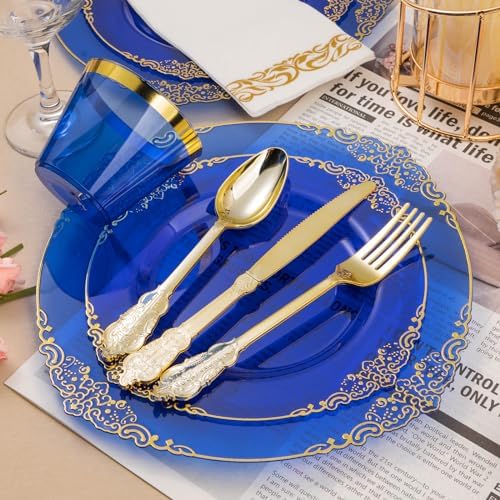 350PCS Clear Blue Plastic Plates with Gold Trim for 50 Guests