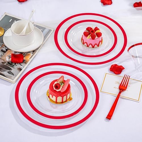 I00000 350 Pcs Clear Red Plastic Plates Set for Wedding Party