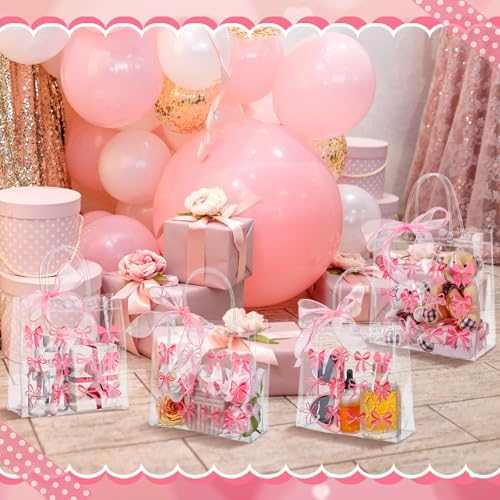 Kolldenn 24 Pcs Clear Gift Bags with Pink Bow Handles