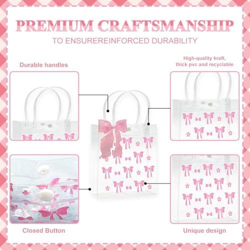 Lyosehy 10 Pcs Pink Bow Clear PVC Gift Bags with Handle Ribbon