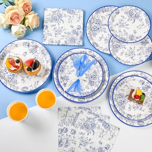175Pcs Blue Floral Paper Plates and Napkins Party Set