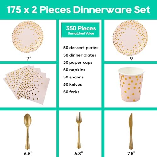 Pink and Gold Party Supplies - 350 PCS Disposable Dinnerware Set