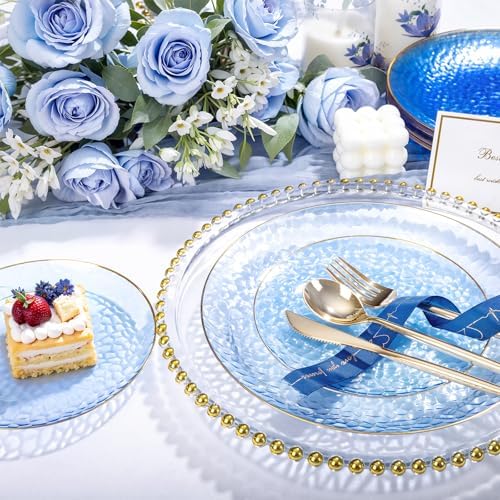 Rubtlamp 100 Pcs Blue Gold Plastic Plates - 10 Inch