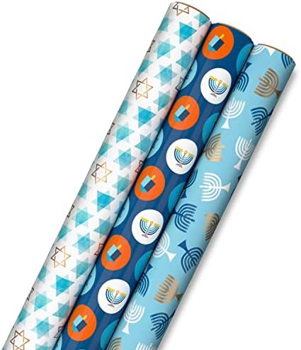 Hallmark Hanukkah Wrapping Paper with Cutlines Blue Gold Star of David