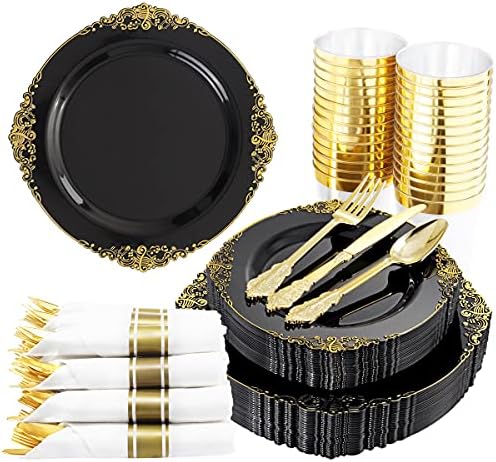 Hioasis 350pcs Black and Gold Plastic Plates Set for 50 Guests