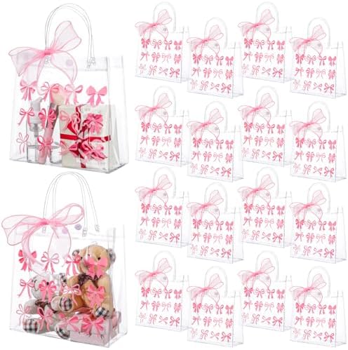 Kolldenn 24 Pcs Clear Gift Bags with Pink Bow Handles