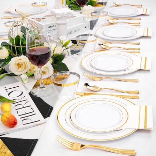 GATHER 350PCS White and Gold Plastic Plates Set for Party Wedding
