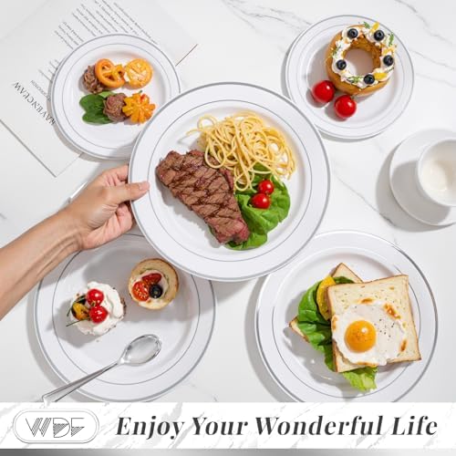 WDF 120PCS Plastic Christmas Plates with Silver Rim