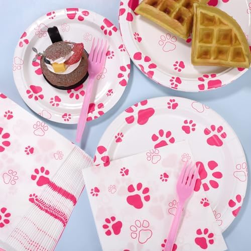 Durony 72 Piece Dog Paw Print Party Set Pink Decor