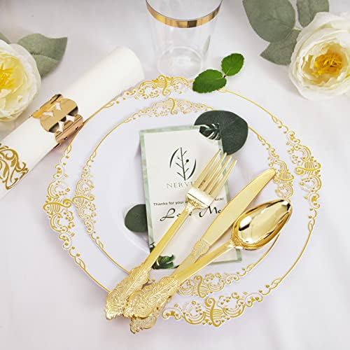 Nervure 175PCS White and Gold Plastic Plates Set