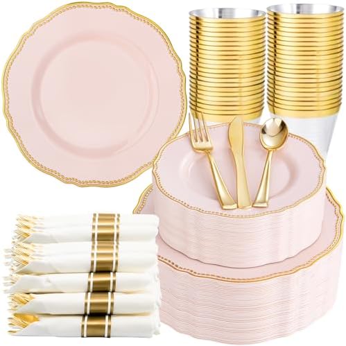 Hioasis 350pcs Pink Gold Plastic Plates Set