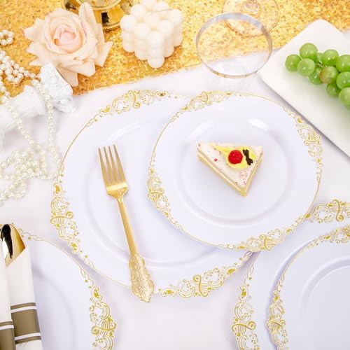 Nervure 175PCS Gold Plastic Plates for 25 Guests Wedding Party Supplies
