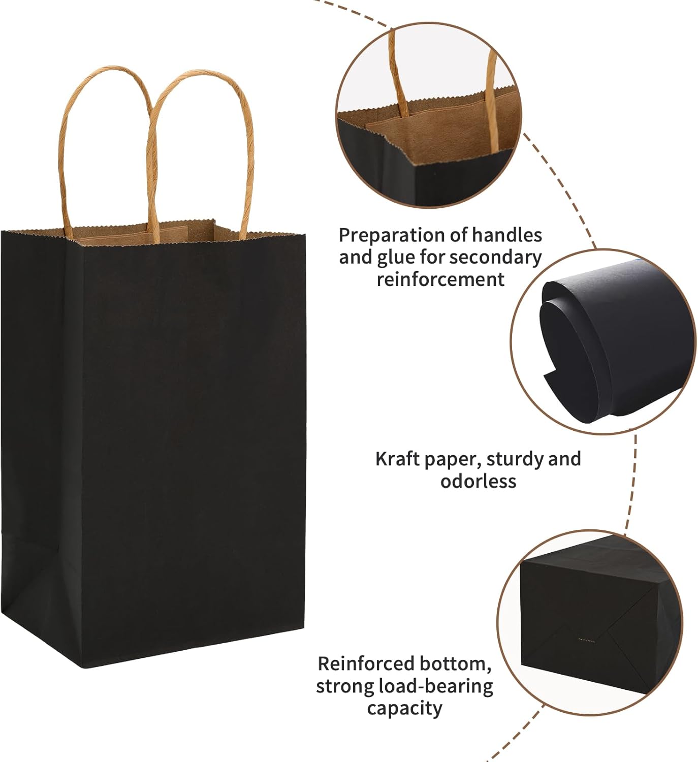 Moretoes 25pcs Black Kraft Gift Bags with Handles
