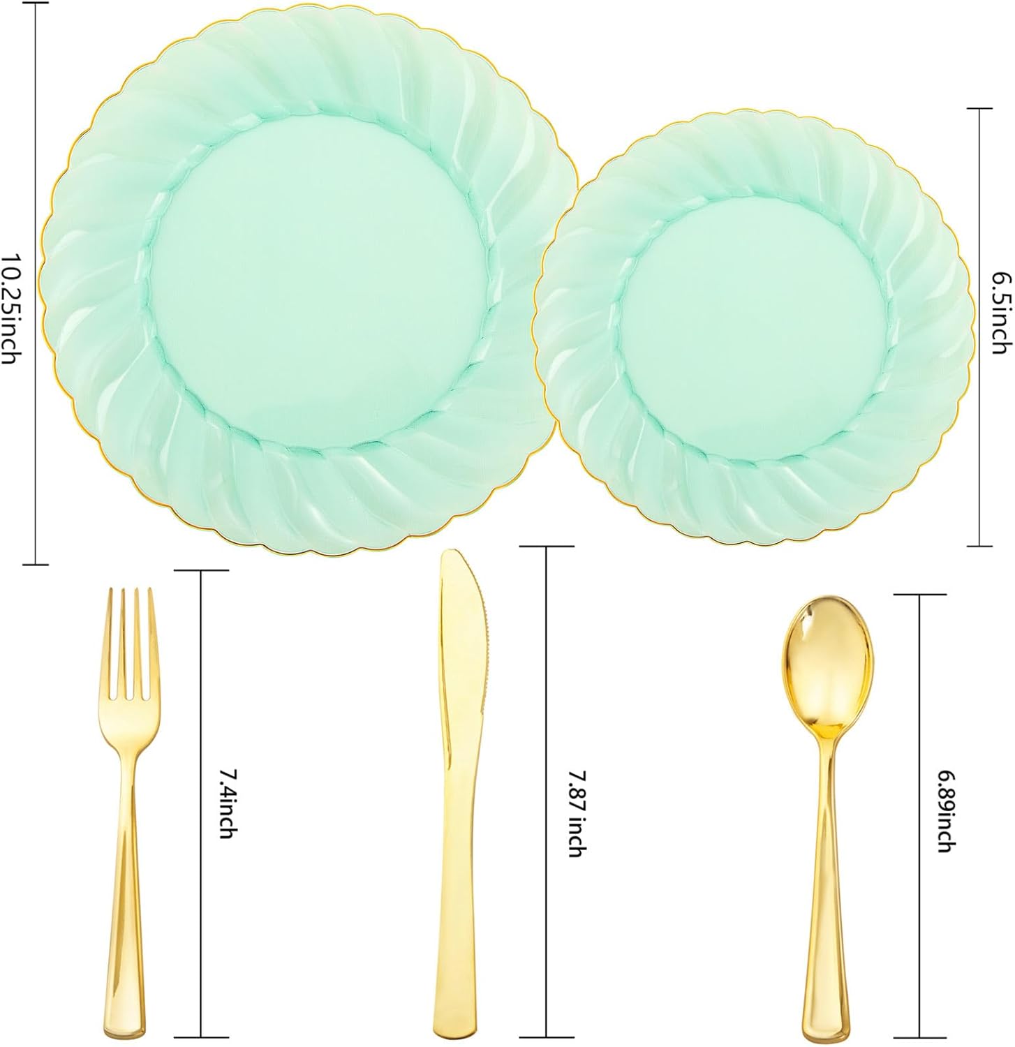 YOUBET 125PCS Clear Green Plastic Plates with Gold Rim