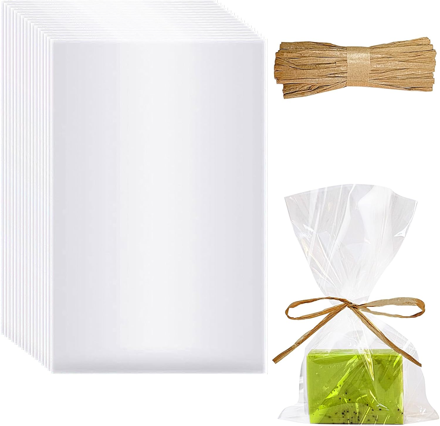 Miraclekoo 100pc Clear Soap Bags 5x8 Inch with Raffia Rope