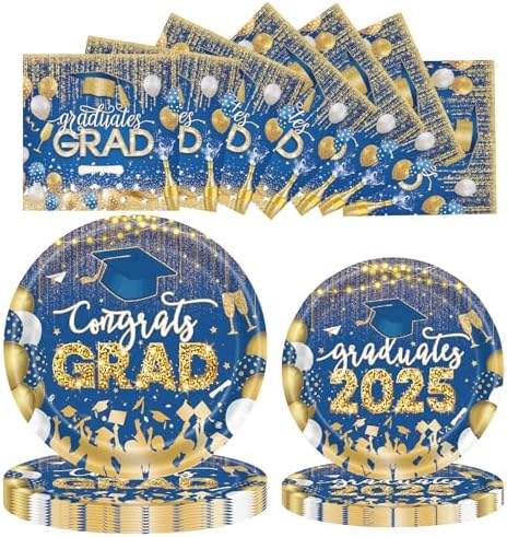 60 PCS Graduation Party Plates Napkins Decor Set Blue Gold