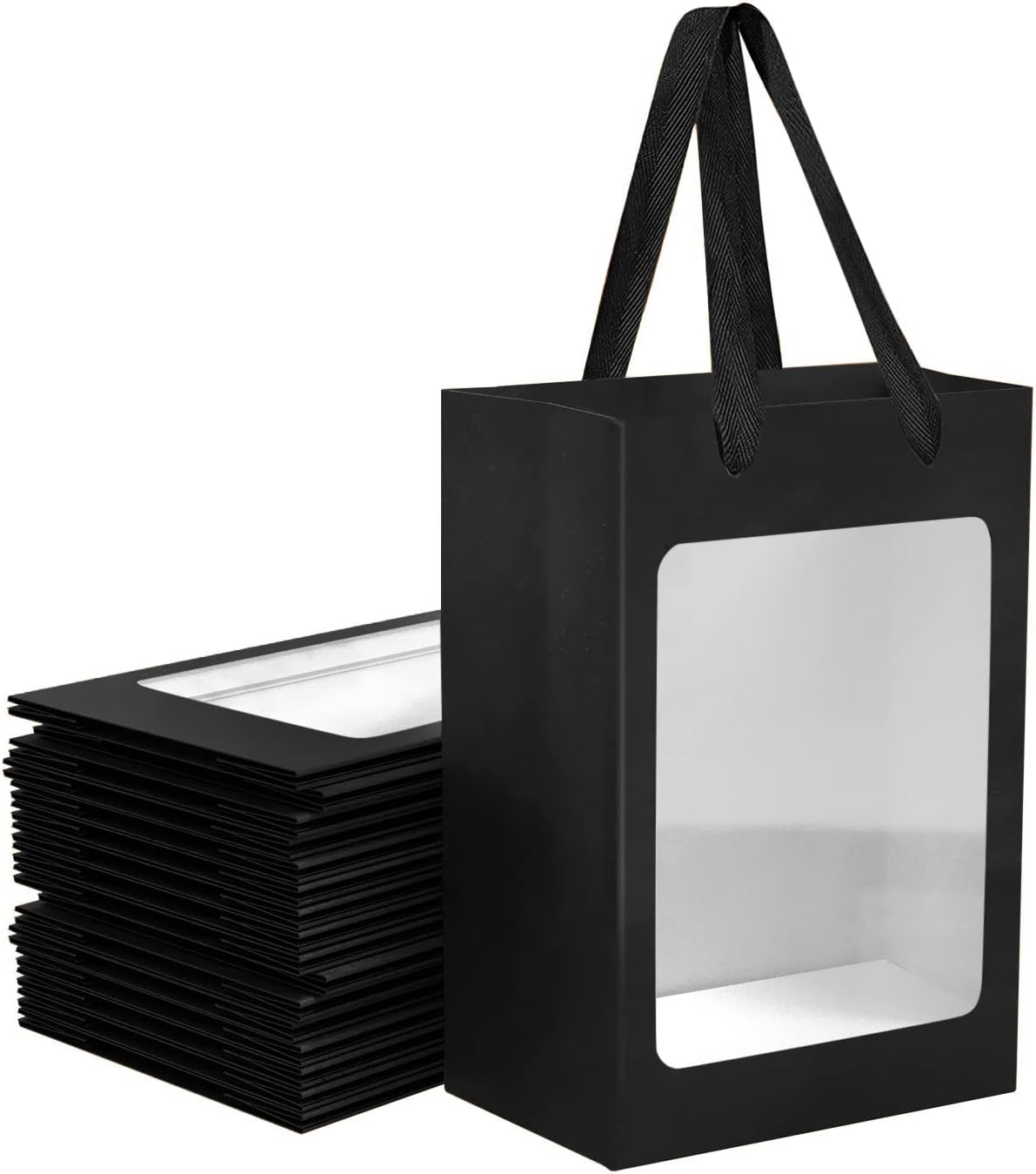 12 Pcs Black Kraft Paper Gift Bags with Window Handles