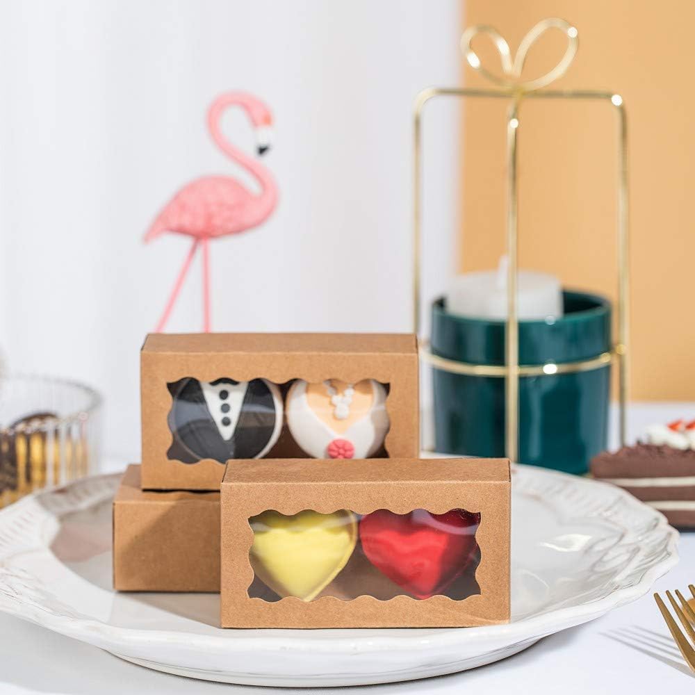 JCXGRVC 24PCS Natural Brown Kraft Macaron Boxes with Clear Window