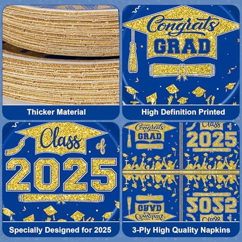 Veramz 150 Pcs Graduation Party Plates Napkins Set Blue Gold