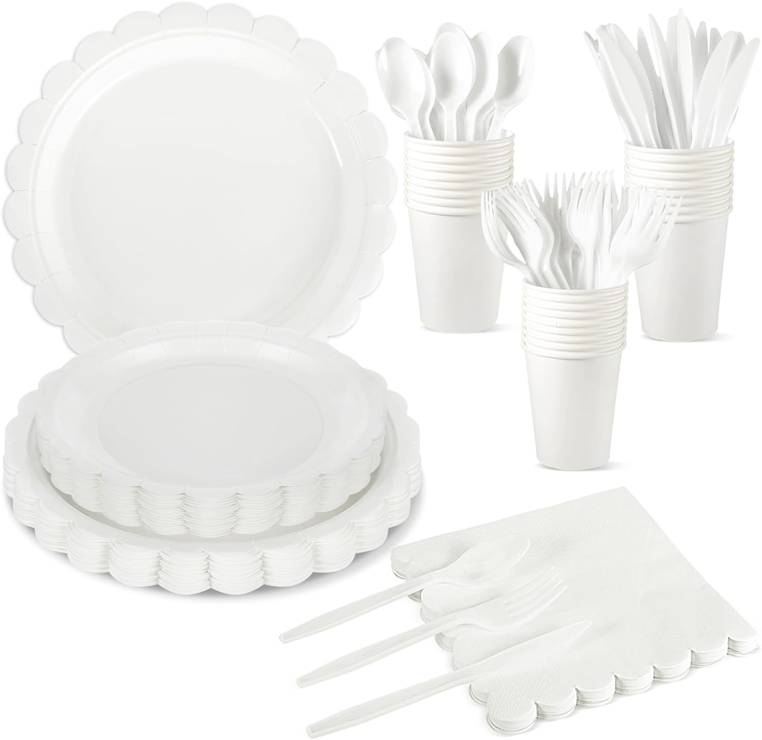 175 Pcs White Party Supplies Set with Plates Cups Napkins Cutlery