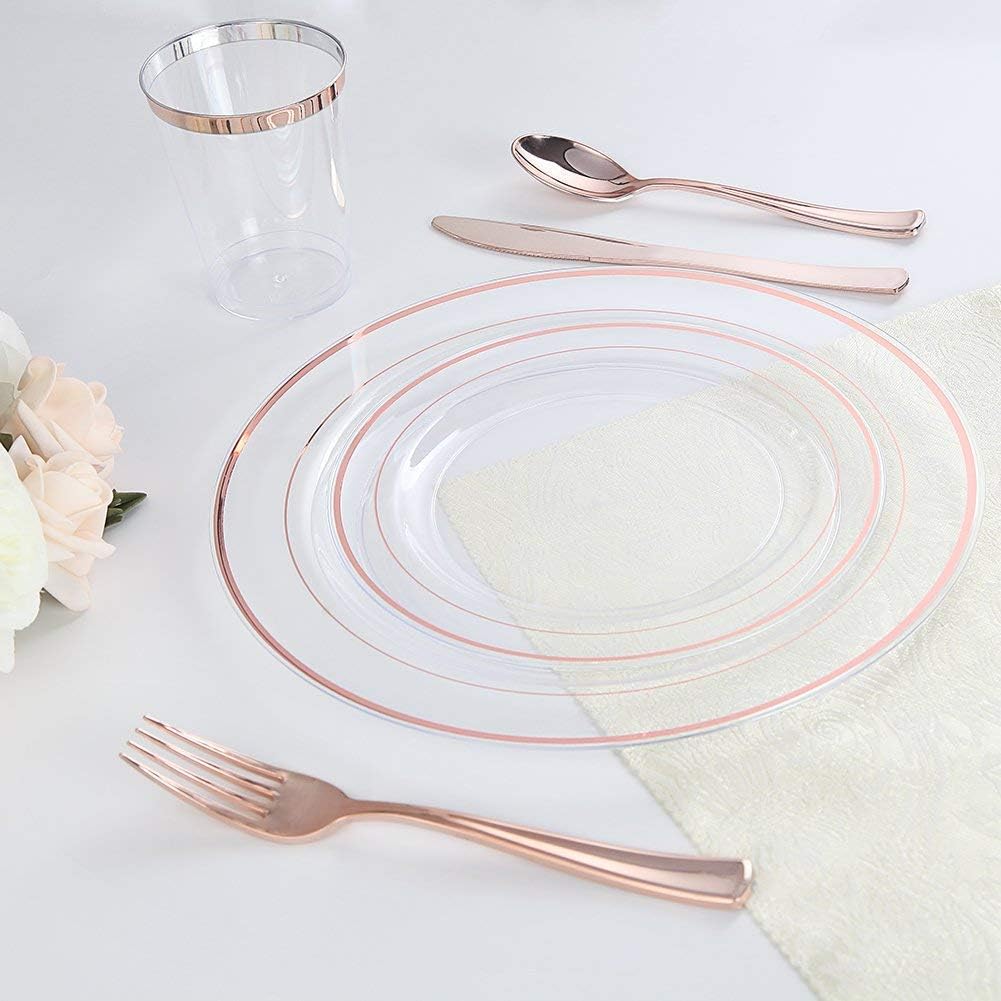 I00000 60 Pcs Rose Gold Plastic Plates Set