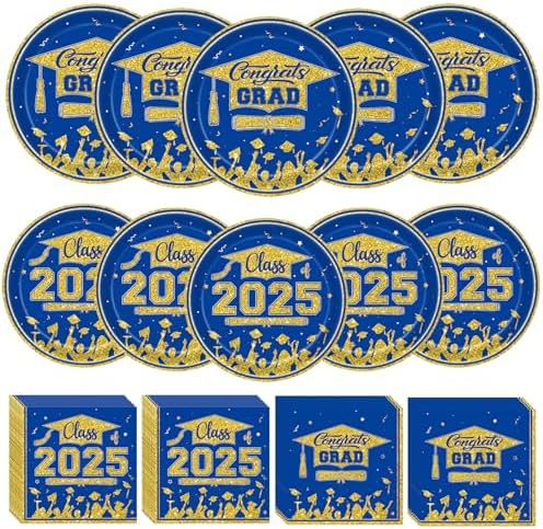 Veramz 150 Pcs Graduation Party Plates Napkins Set Blue Gold