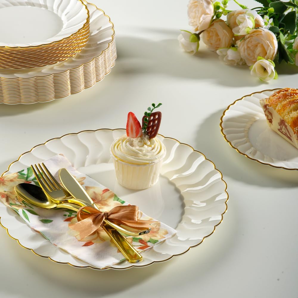 Lzerking 125 Pcs Ivory Scalloped Disposable Plates with Gold Rim Set