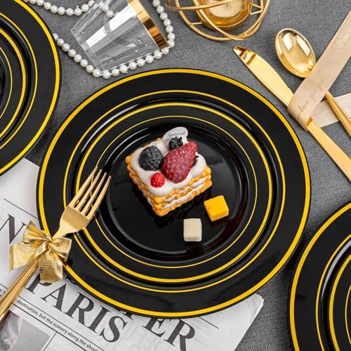 bUCLA 150 Piece Black and Gold Disposable Dinnerware Set for 25 Guests