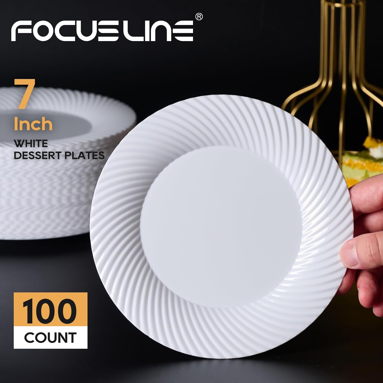 FOCUSLINE 7 Inch White Plastic Plates 100 Count